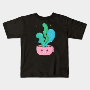 Kitty cup with green plant Kids T-Shirt